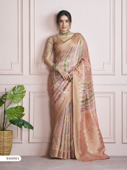 Beige Color Printed Silk Readymade/Easy Saree