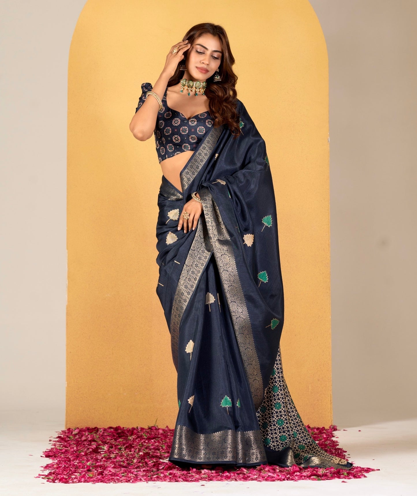 Navy Blue Color Printed Soft Silk Readymade/Easy Saree