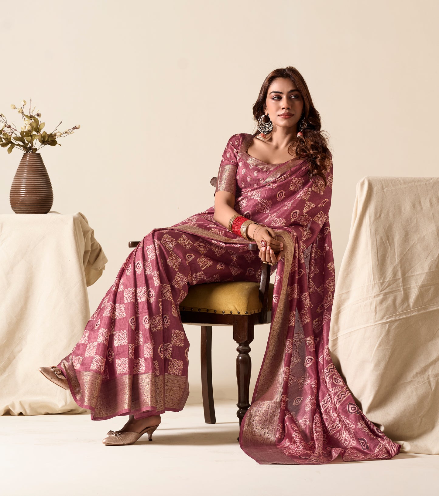 Bubble Gum Color Printed Soft Silk Readymade/Easy Saree