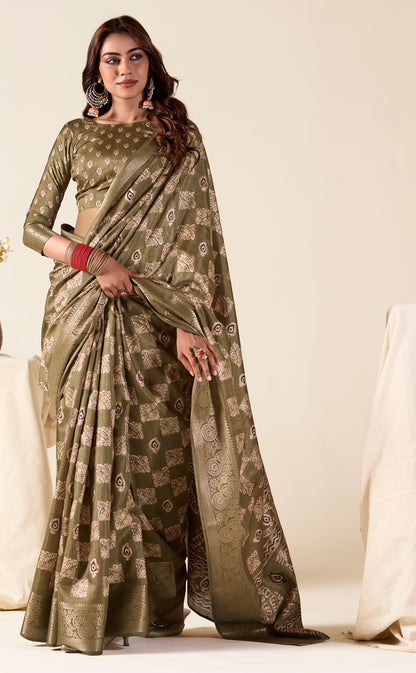 Olive Color Printed Soft Silk Readymade/Easy Saree