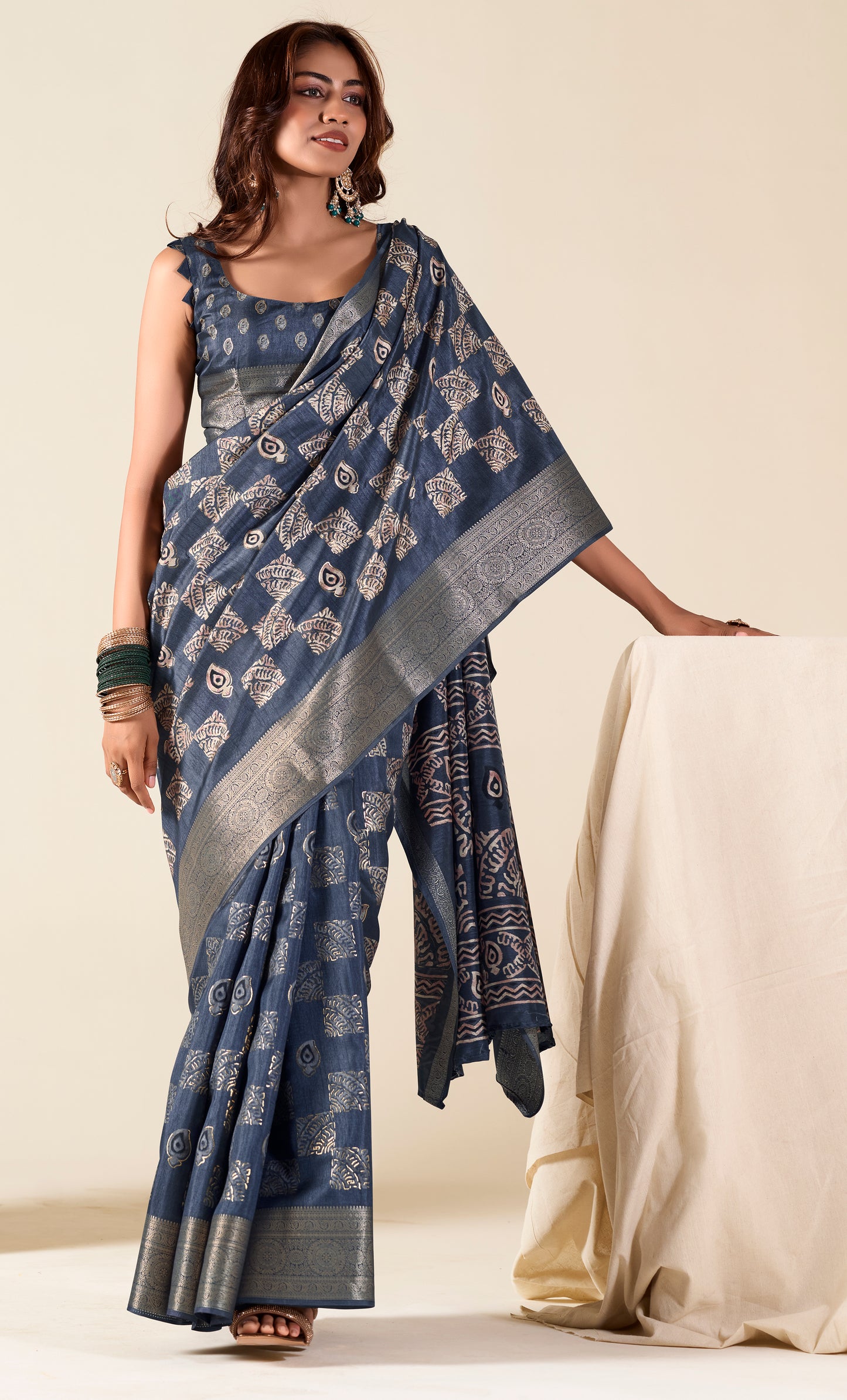 Blue Color Printed Soft Silk Readymade/Easy Saree