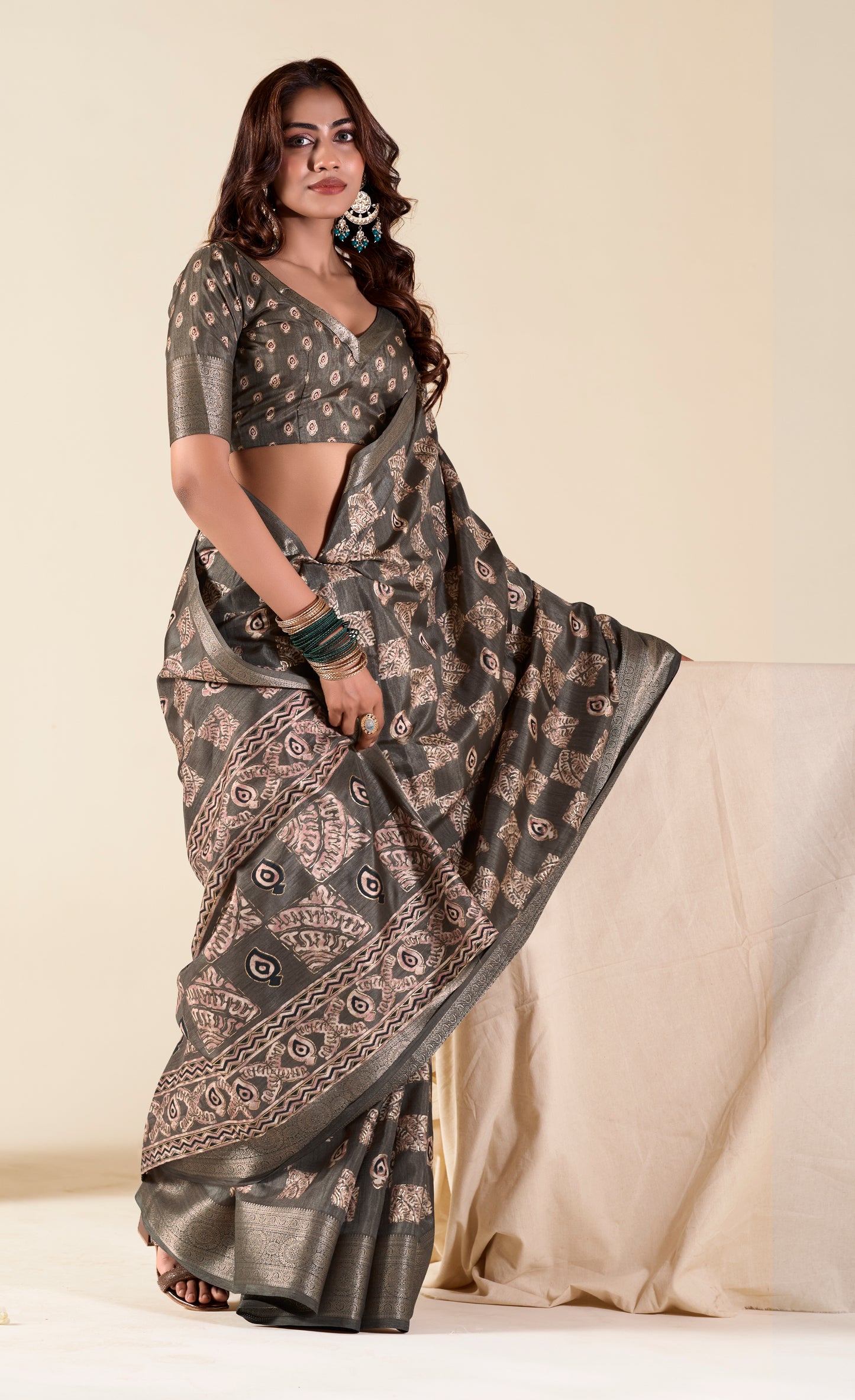 Grey Color Printed Soft Silk Readymade/Easy Saree