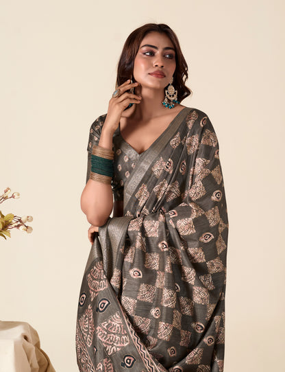 Grey Color Printed Soft Silk Readymade/Easy Saree