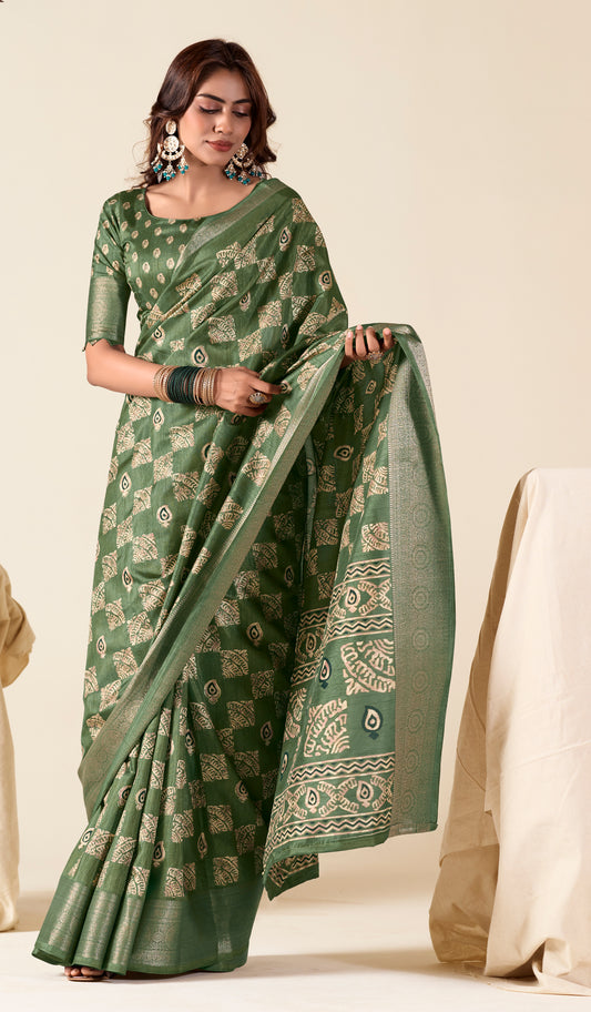 Green Color Printed Soft Silk Readymade/Easy Saree