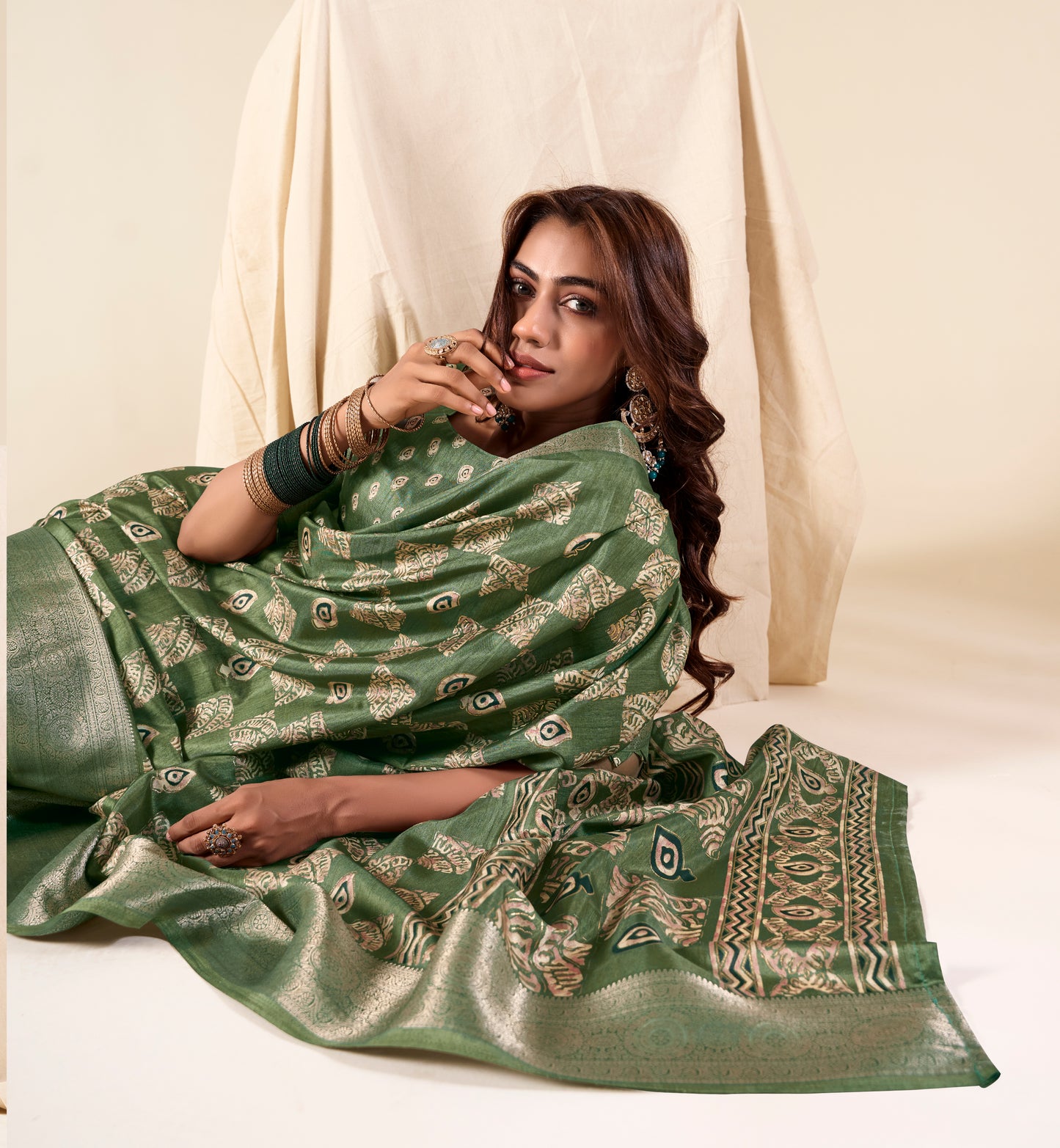 Green Color Printed Soft Silk Readymade/Easy Saree