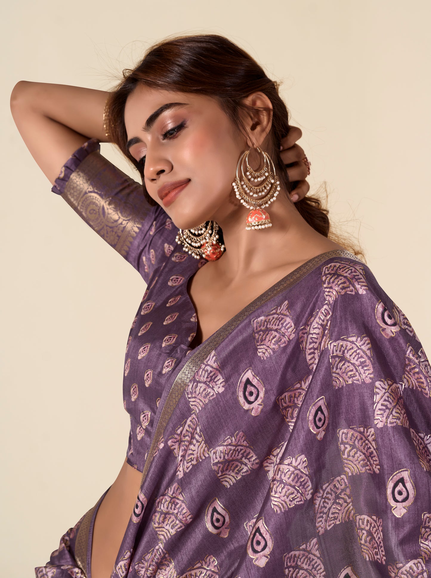 Lilac Color Printed Soft Silk Readymade/Easy Saree