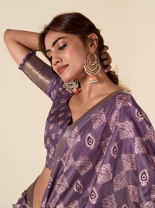 Lilac Color Printed Soft Silk Readymade/Easy Saree