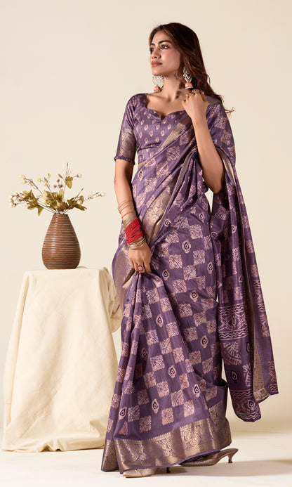 Lilac Color Printed Soft Silk Readymade/Easy Saree