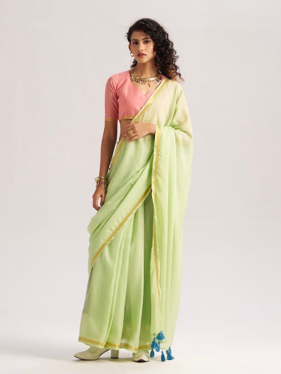 Pista Green Mul Cotton Casual Ready To Wear/Easy Saree
