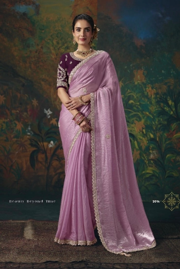 Rose pink tissue silk ready-to-wear saree with embellished border and pleated drape