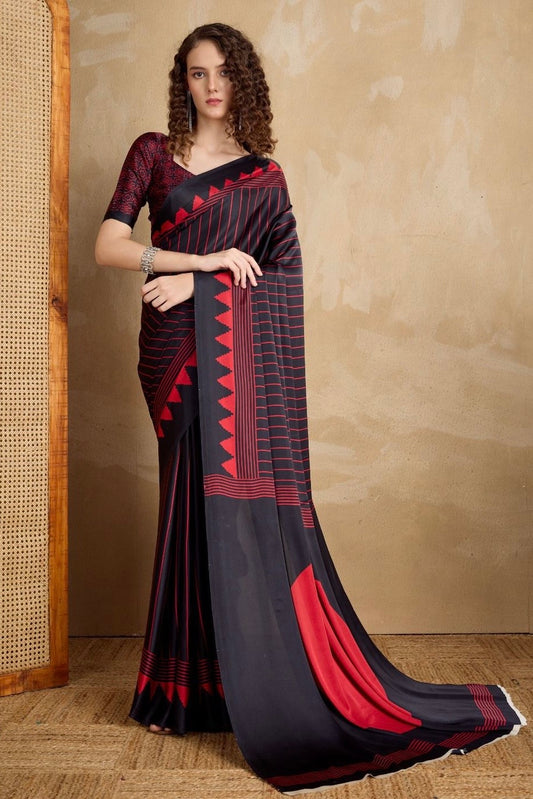 Black & Red Crepe Silk Readymade Saree