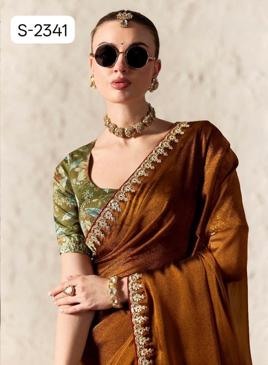 Brown Fancy Tissue Silk Ready to wear/Easy Saree - Panaash Saree