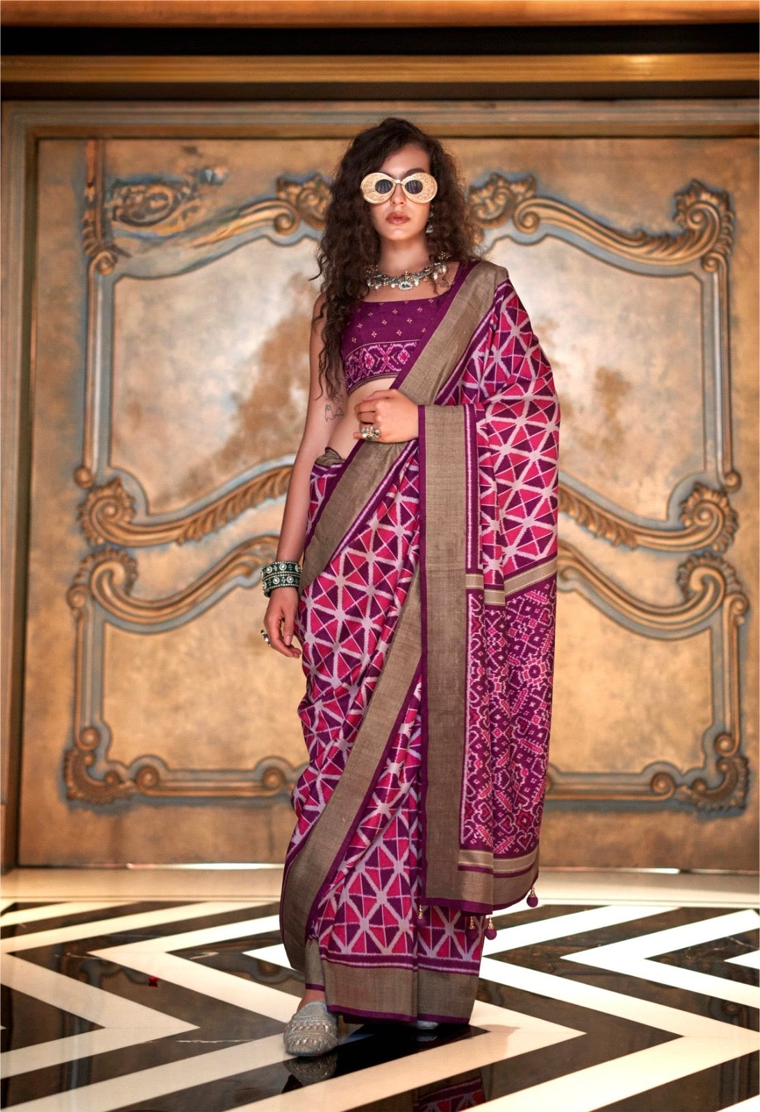 Purple Ikkat Silk Readymade/Easy Saree