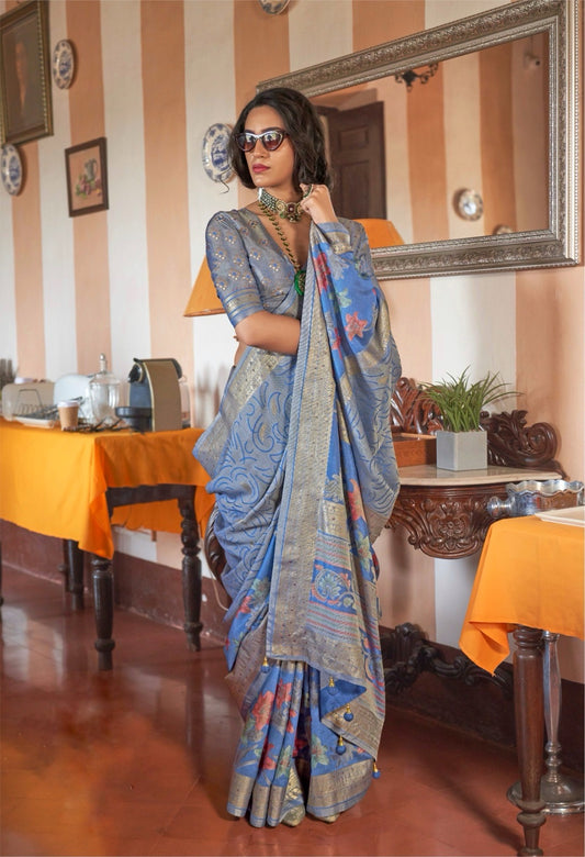 Steel Blue Georgette Readymade/Easy Saree - Panaash Saree