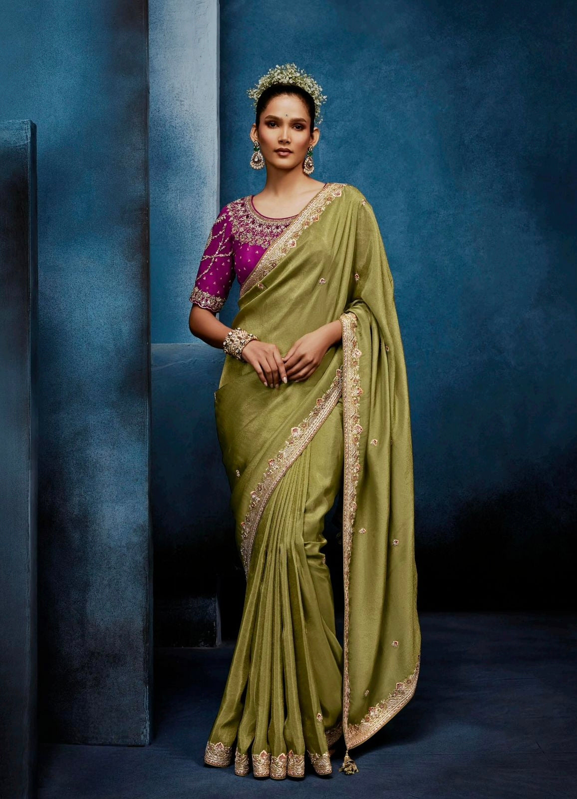 Leaf Green Tissue Silk Ready to wear/Easy Saree - Panaash Saree