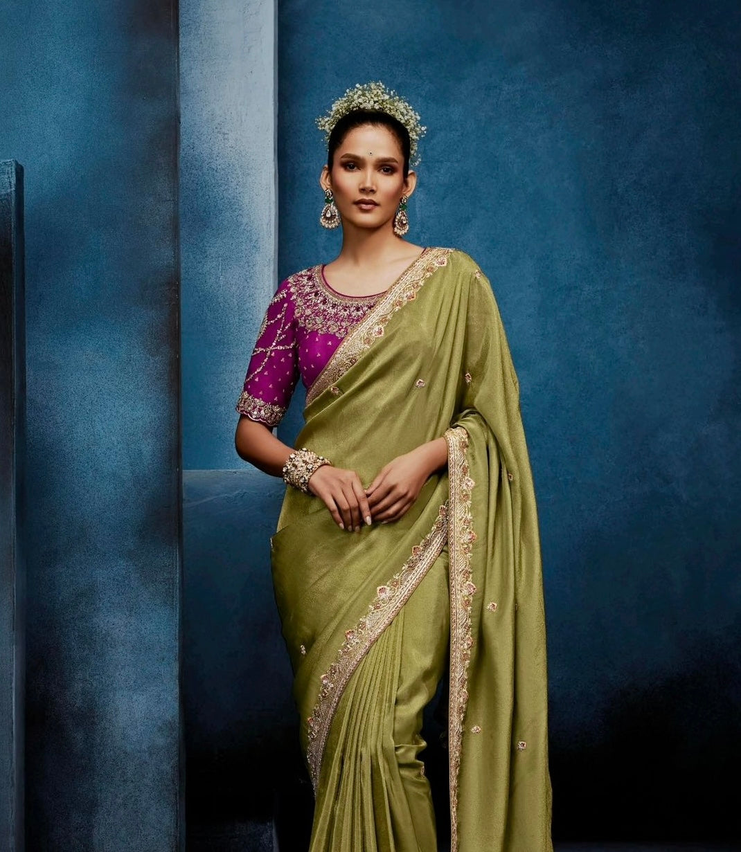 Leaf Green Tissue Silk Ready to wear/Easy Saree - Panaash Saree
