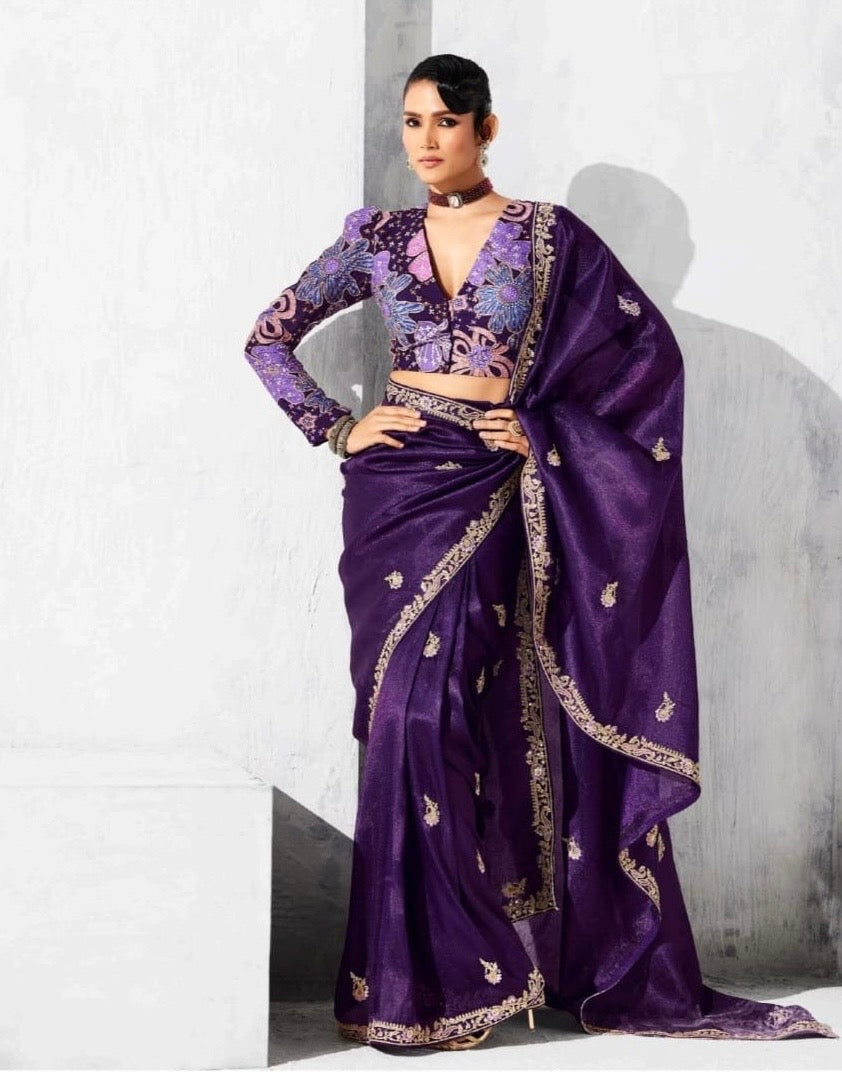 Purple Tissue Silk Readymade/Easy Saree