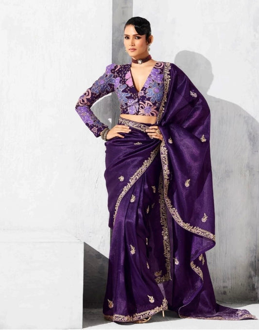 Purple Tissue Silk Readymade/Easy Saree