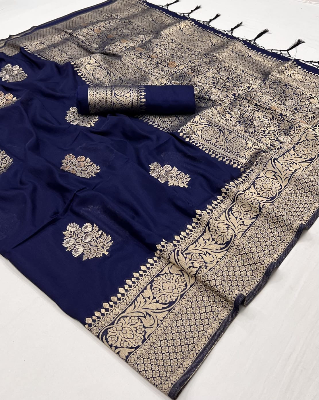 Navy Blue Khadi Georgette Readymade/Easy Saree