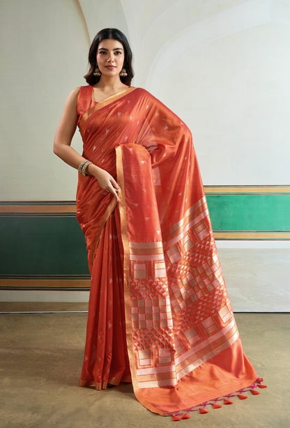 Orange Tussar Silk Readymade/Easy Saree