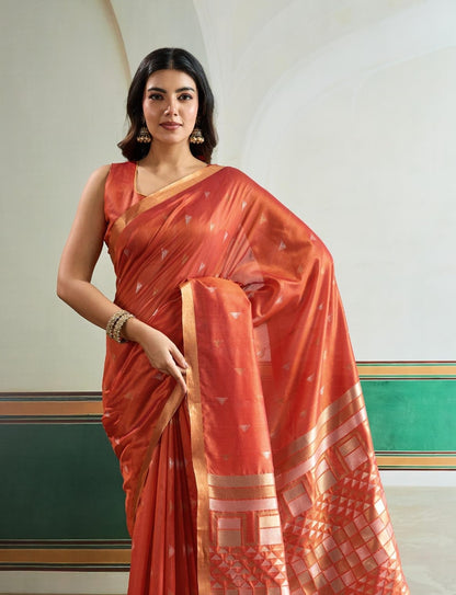 Orange Tussar Silk Readymade/Easy Saree