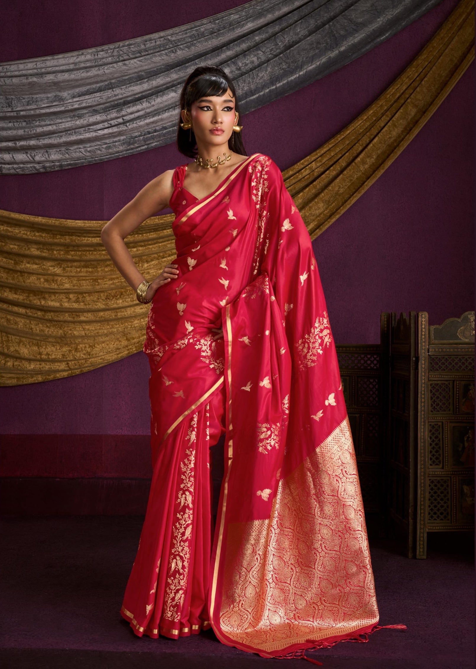 Red Satin Silk Readymade/Easy Saree - Panaash Saree