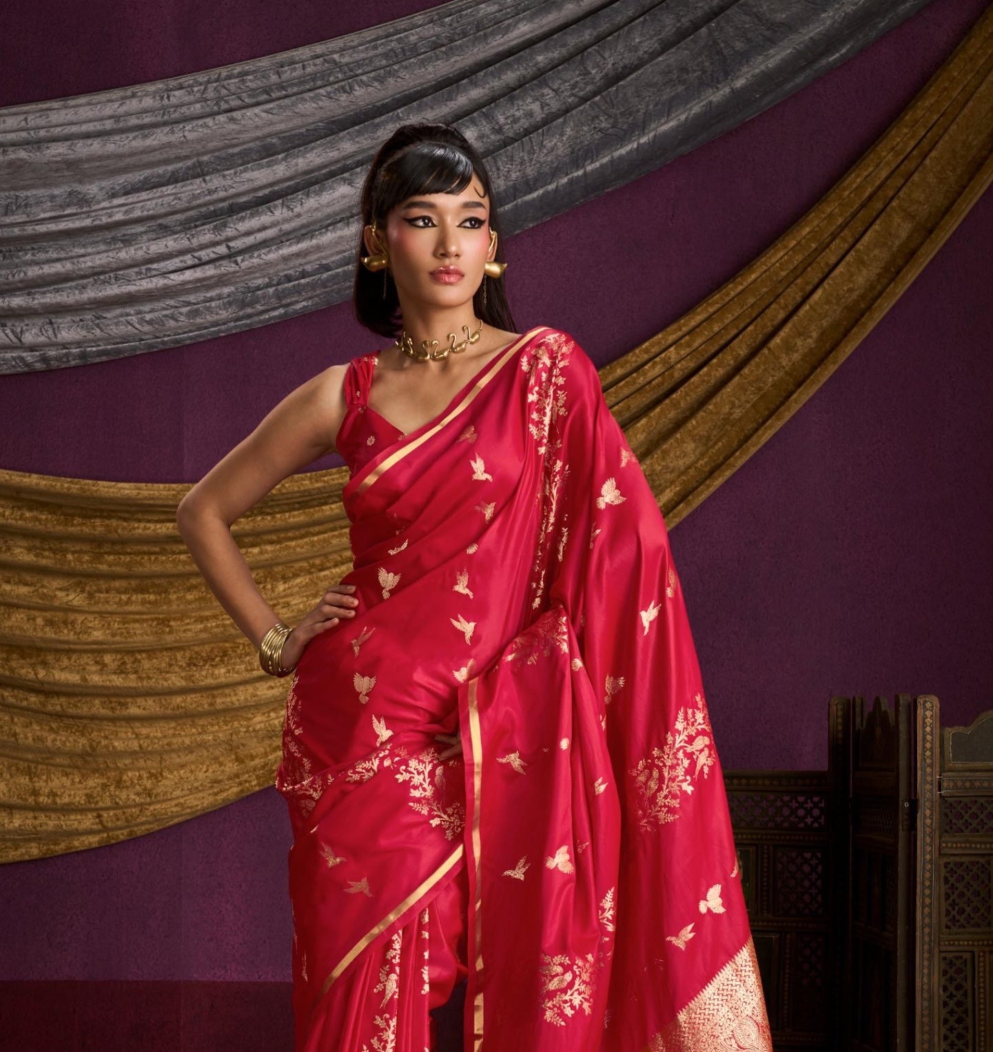 Red Satin Silk Readymade/Easy Saree - Panaash Saree