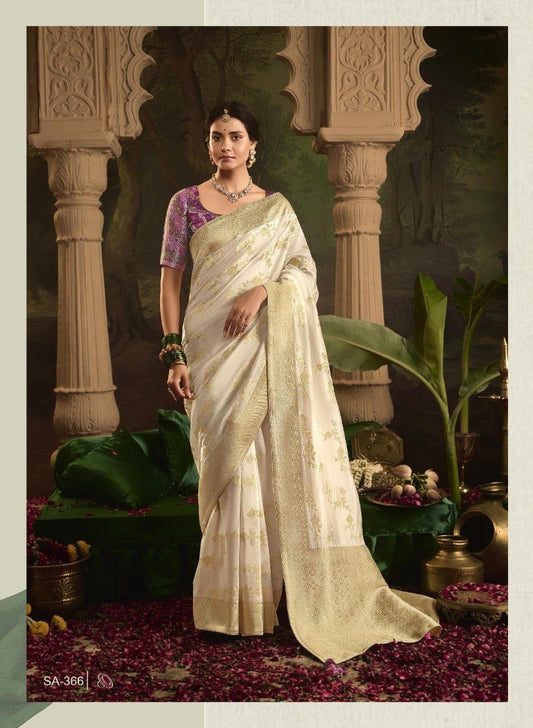 Off White Color Designer Silk Readymade/Easy Saree