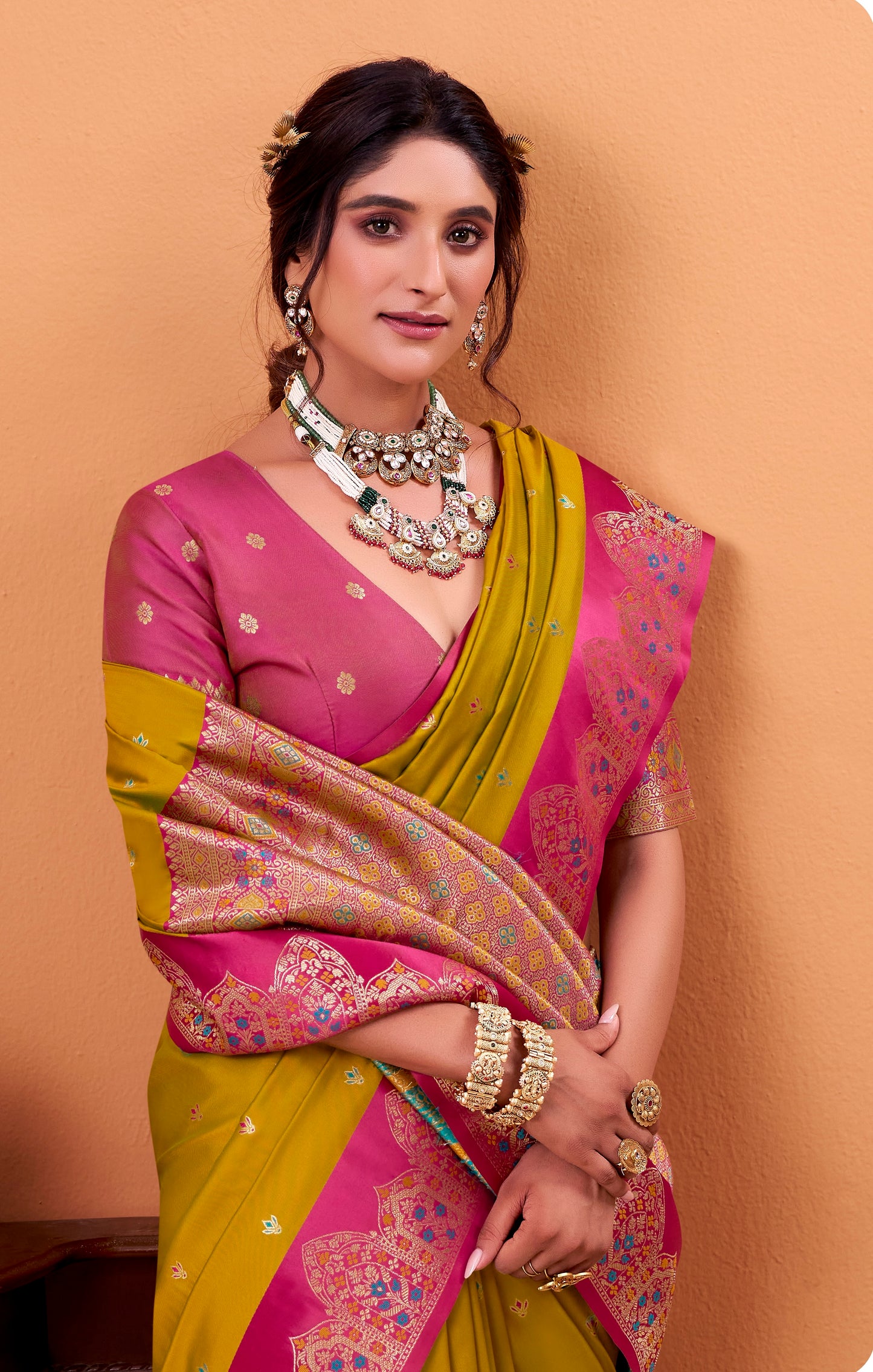 Mustard Color Kanjivaram Silk Readymade/Easy Saree