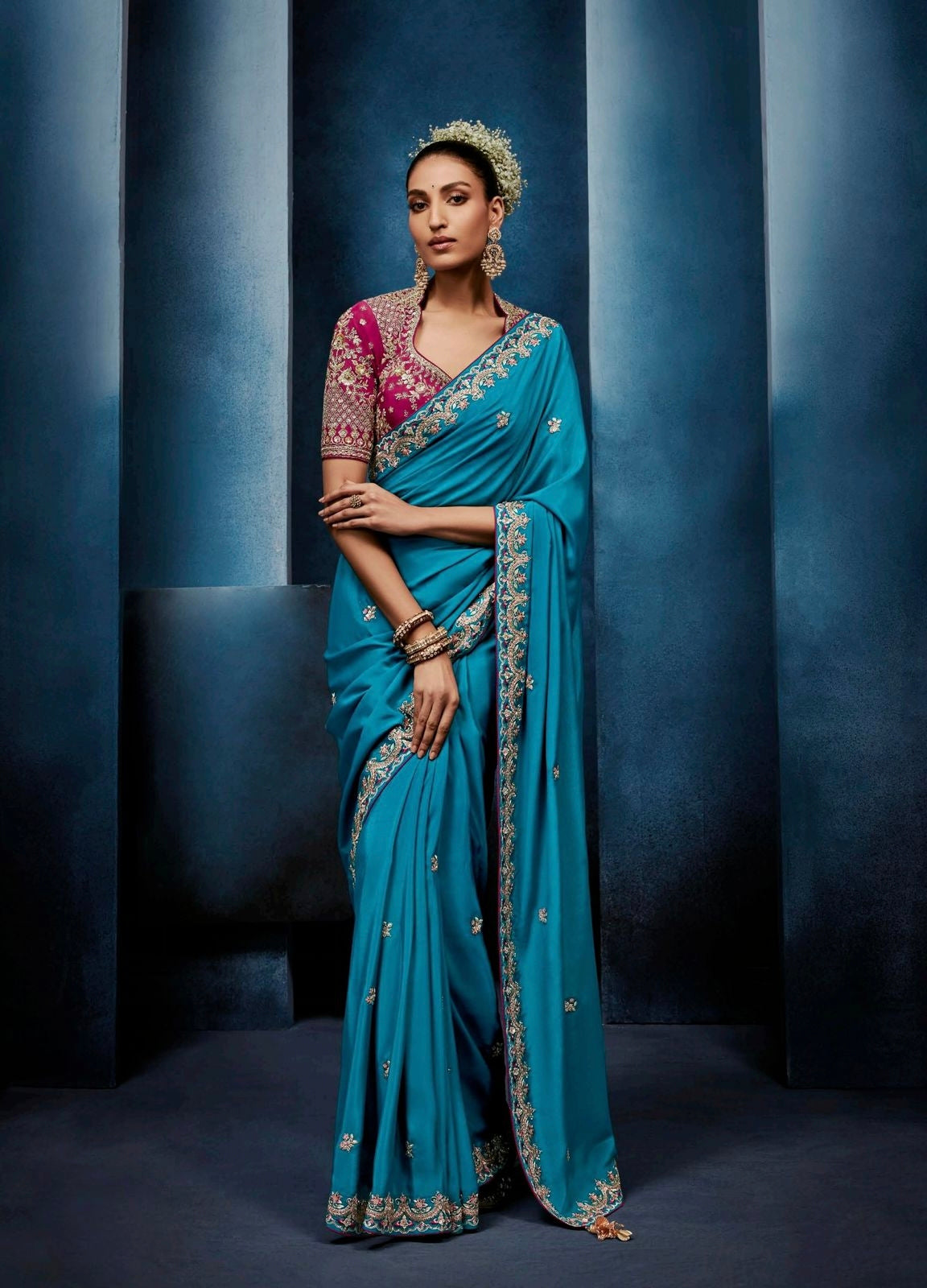 Peacock Blue Tissue Silk Ready to wear/Easy Saree - Panaash Saree