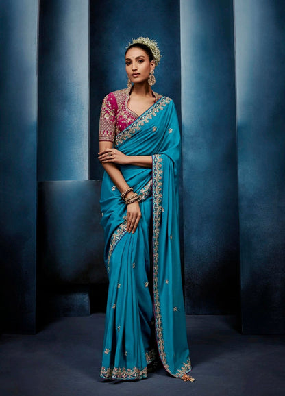 Peacock Blue Tissue Silk Ready to wear/Easy Saree - Panaash Saree