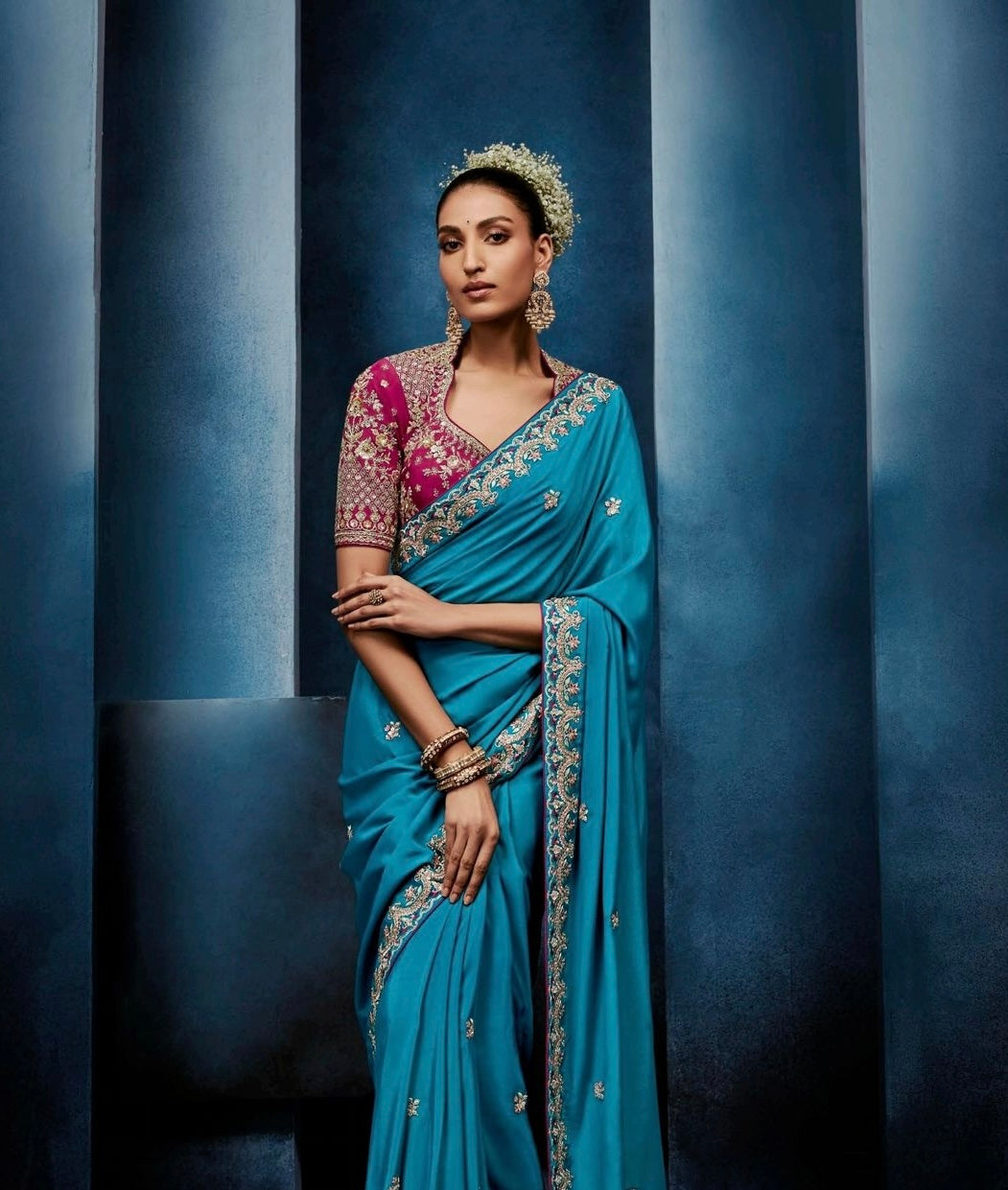 Peacock Blue Tissue Silk Ready to wear/Easy Saree - Panaash Saree