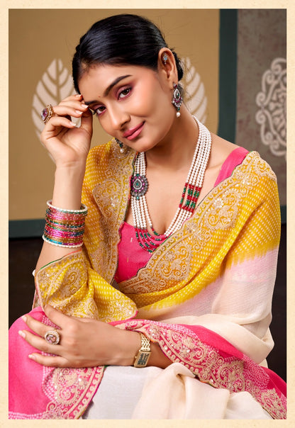 Off White Chiffon Ready To Wear/Easy Saree