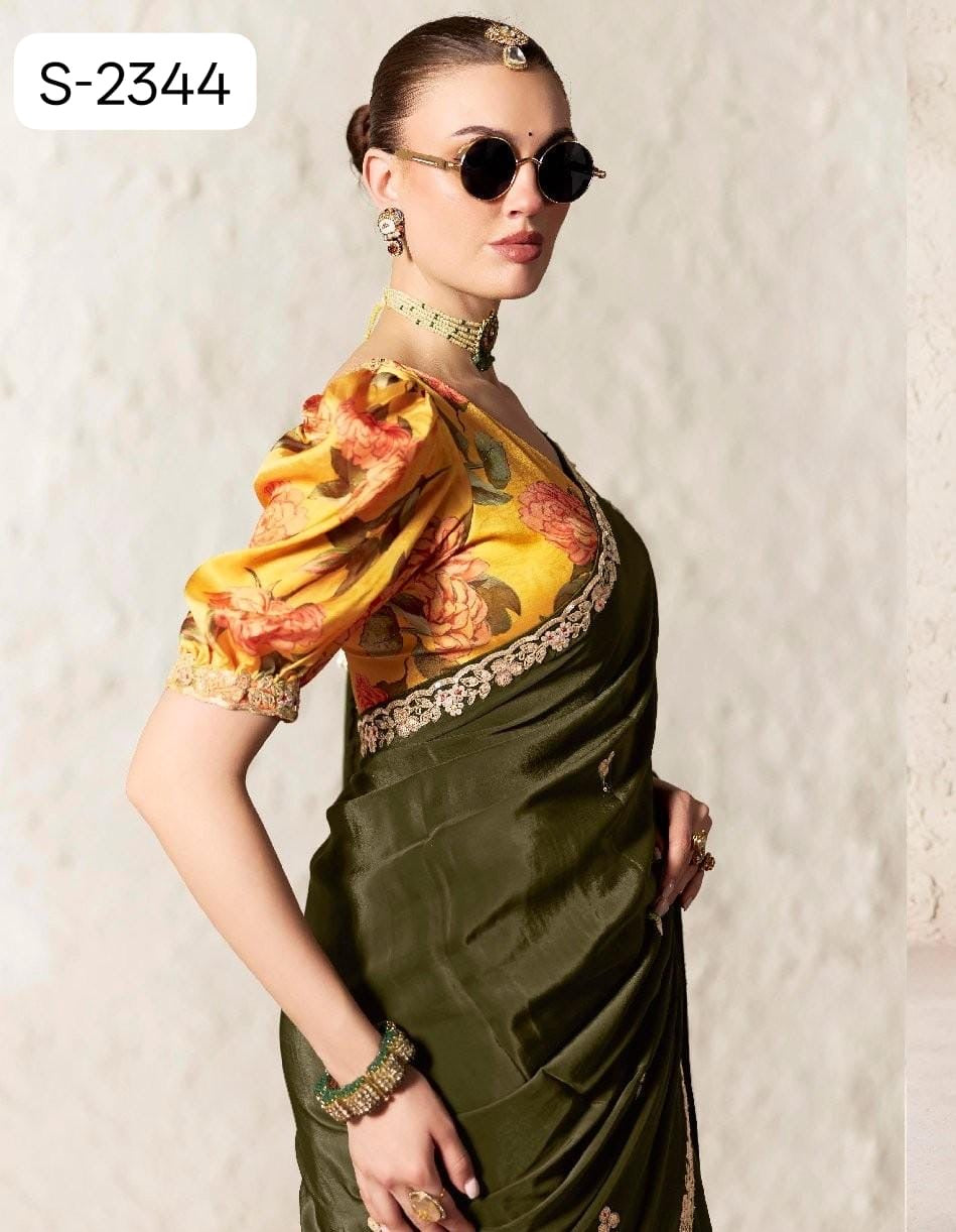 Olive Fancy Tissue Silk Ready to wear/Easy Saree - Panaash Saree