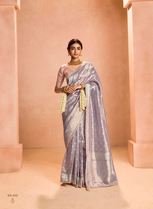 Mauve Color Designer Kanjivaram Silk Readymade/Easy Saree With Desiger Blouse Piece