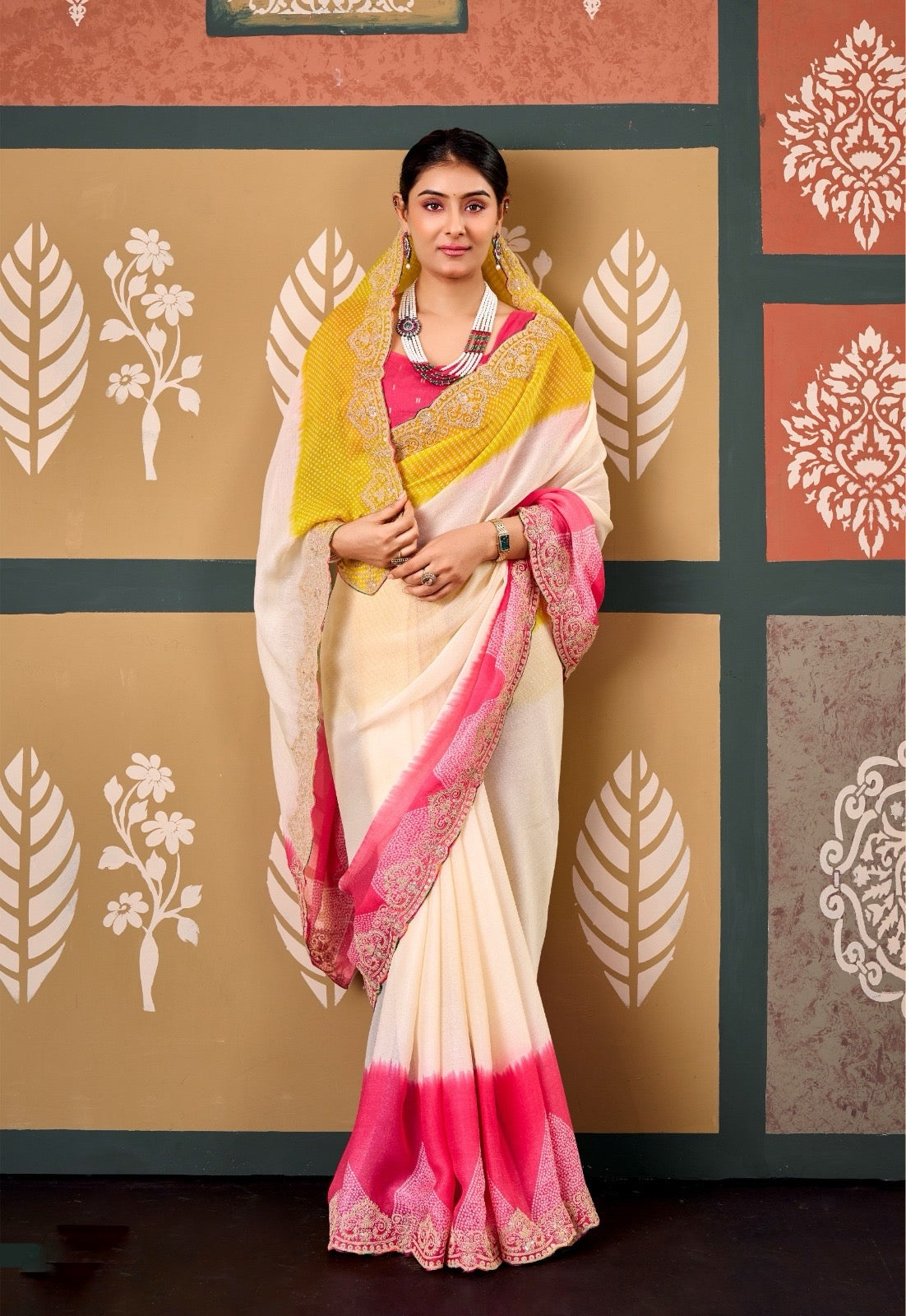 Off White Chiffon Ready To Wear/Easy Saree