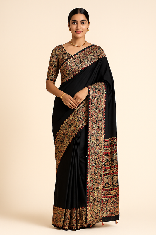 Black Readymade Crepe Ajrakh Silk Saree