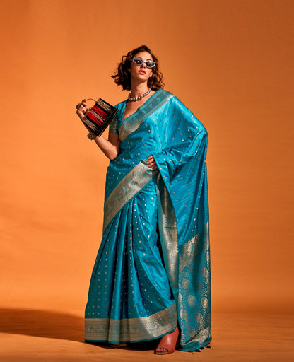 Plus Size Blue Color Satin Silk Readymade Saree