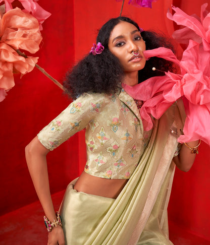 Pastel Green Silk Readymade/Easy Saree With Fancy Unstitched Blouse
