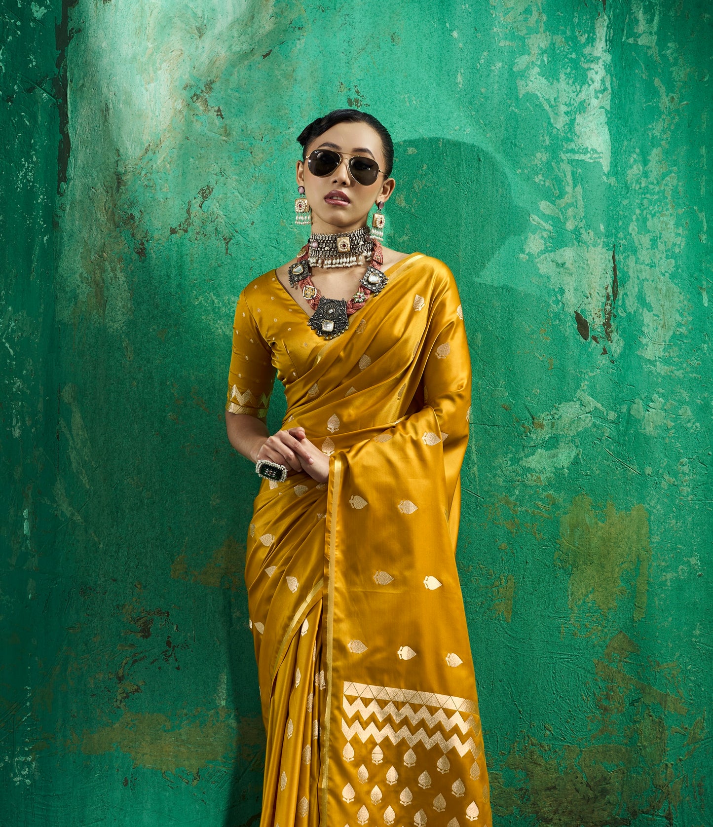 Mustard Yellow Satin Silk Ready To Wear/Easy Saree