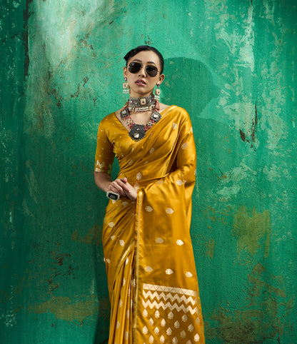 Mustard Yellow Satin Silk Ready To Wear/Easy Saree