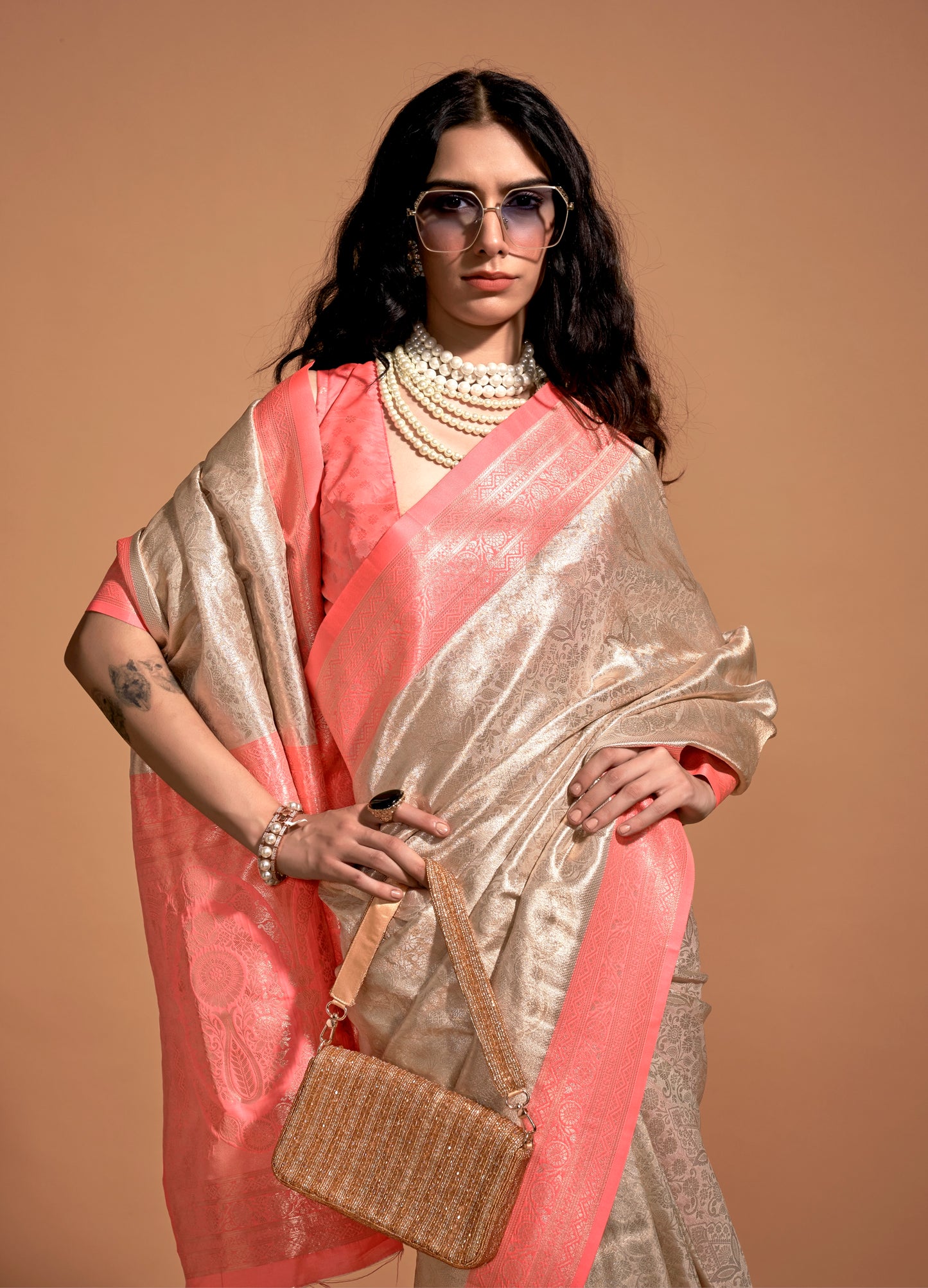 Offwhite With Peach Banarasi Readymade/Easy Saree