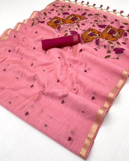 Pink Color Cotton Readymade/Easy Saree