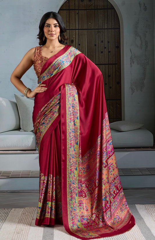 Red Crepe Silk Readymade Saree