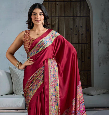 Red Crepe Silk Readymade Saree