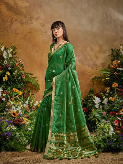 Green Munga Silk Ready To Wear/Easy Saree by Stylebypanaash