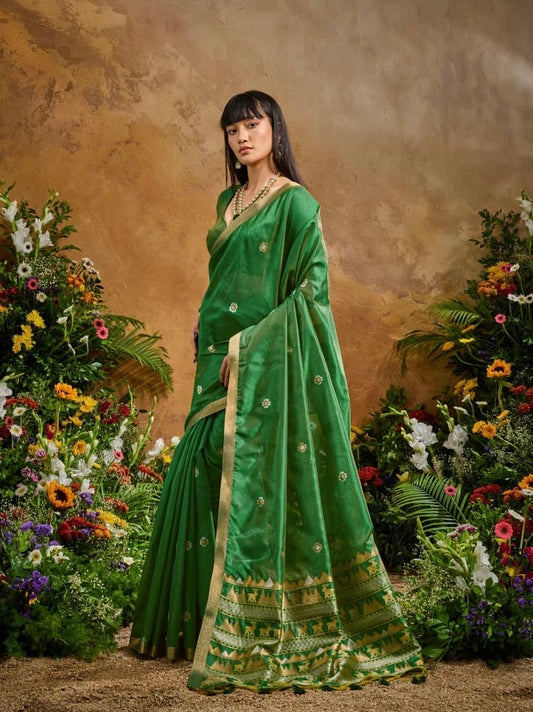 Green Munga Silk Ready To Wear/Easy Saree by Stylebypanaash