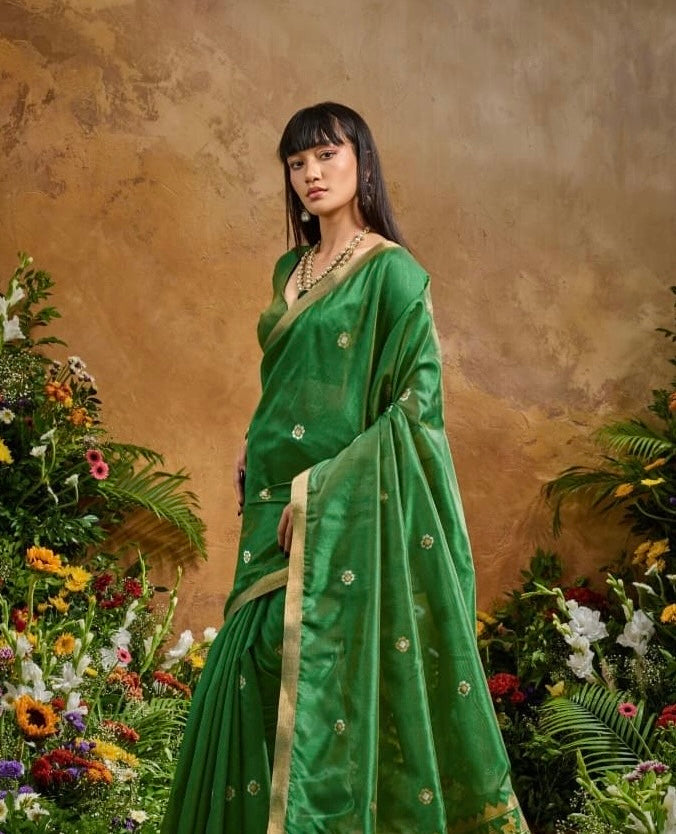 Green Munga Silk Ready To Wear/Easy Saree by Stylebypanaash