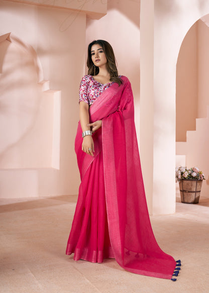 Pink Linen Easy/Readymade Saree