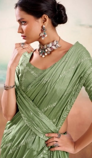 Light Green Georgette Readymade/Easy Saree - Panaash Saree